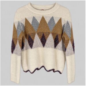RAGA Fuzzy Argyle Sweater Womens L Ivory Metallic Sparkle Scallop Hem Y2K
